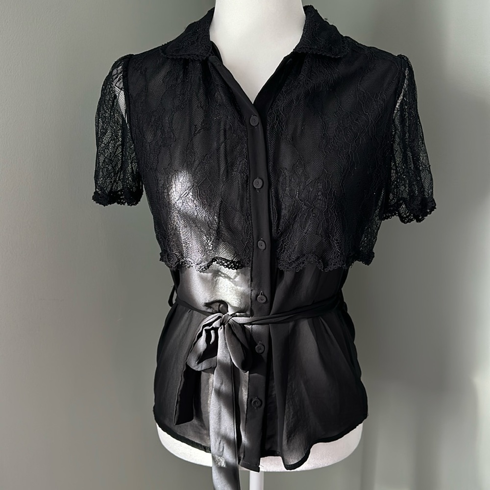 EUC | IMPERIAL Fashion sheer and lace black short sleeve blouse - Size S